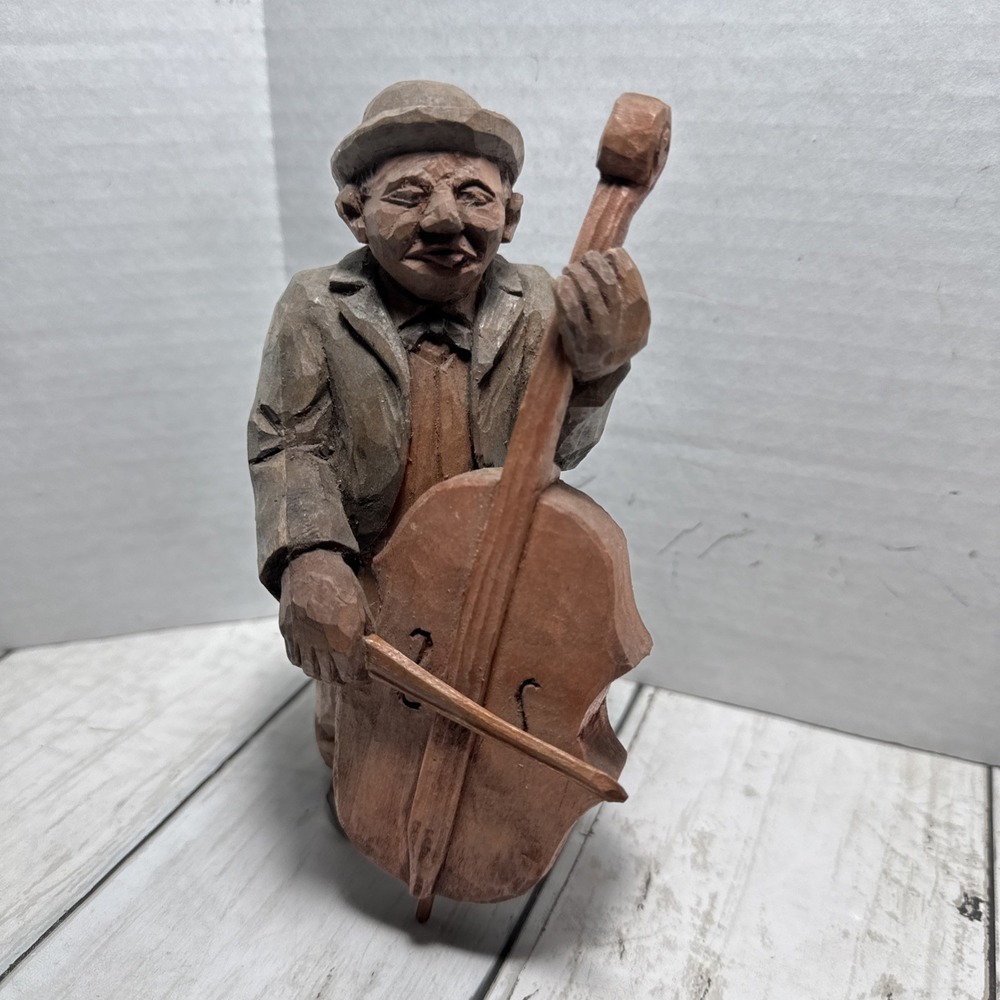 Hand Carved Man With Cello 6" Wooden With Stamp On Foot